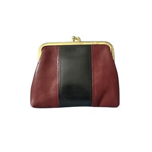 Buxton Coin‎ Purse Burgundy Black Stripe Genuine Leather Kiss Clasp Coin Pouch